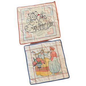 Vintage Hand Embroidered Whimsy Throw Pillowcase Set